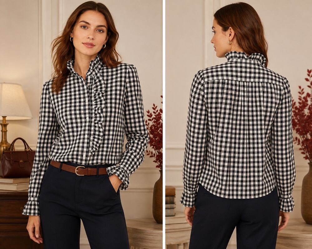Coquette Preppy Luxe J.Crew Gingham Ruffle Blouse Black White Check Shirt Size 2